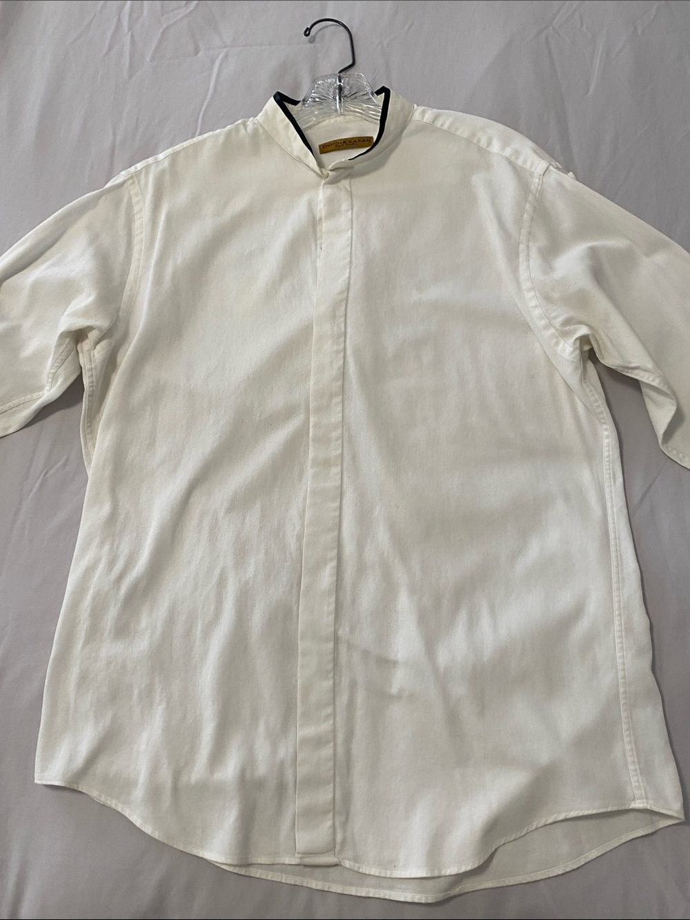 Donna Karan White long sleeve Tuxedo Shirt with Black Contrasting Collar Trim